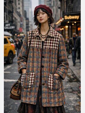 Vintage Patchwork Coat Womens Boho Jacket Quilted Artsy Statement Oversized